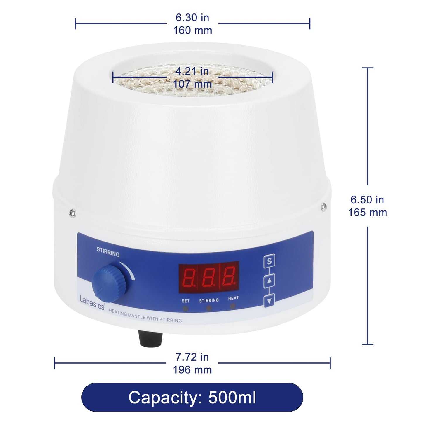Labasics Electric Stirring Heating Mantle, Adjustable Temperature and Speed, with Digital Display, for Laboratory Solution Mixing, Refluxing, Distillation, 110 V 250 W, 500 ml