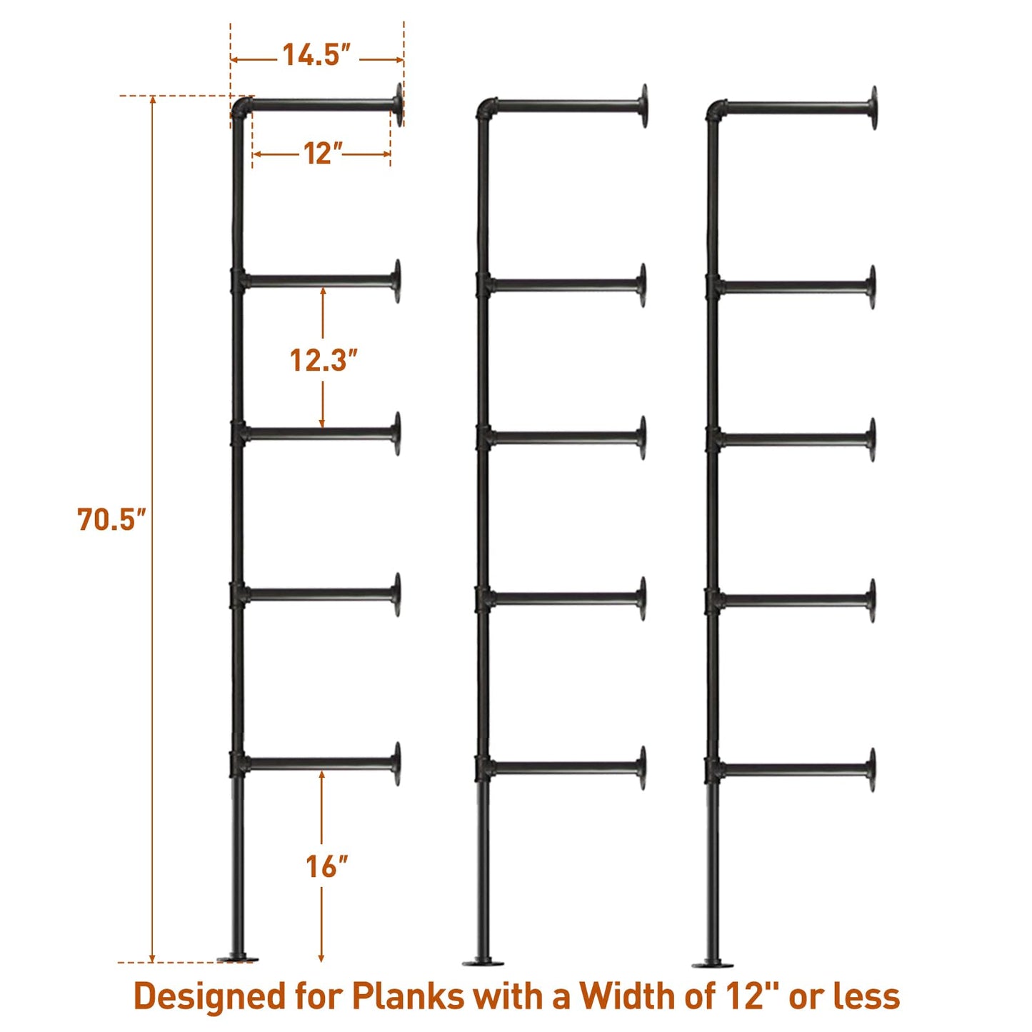 HITOMEN Industrial Iron Pipe Shelves, 3 Set 5-Tier 70.5" Tall 12" Depth, DIY Open Bookshelf Bookcase, Wall Mounted Vintage Retro Shelving, Rustic Farmhouse Pantry Kitchen Storage, Black Shelf Brackets