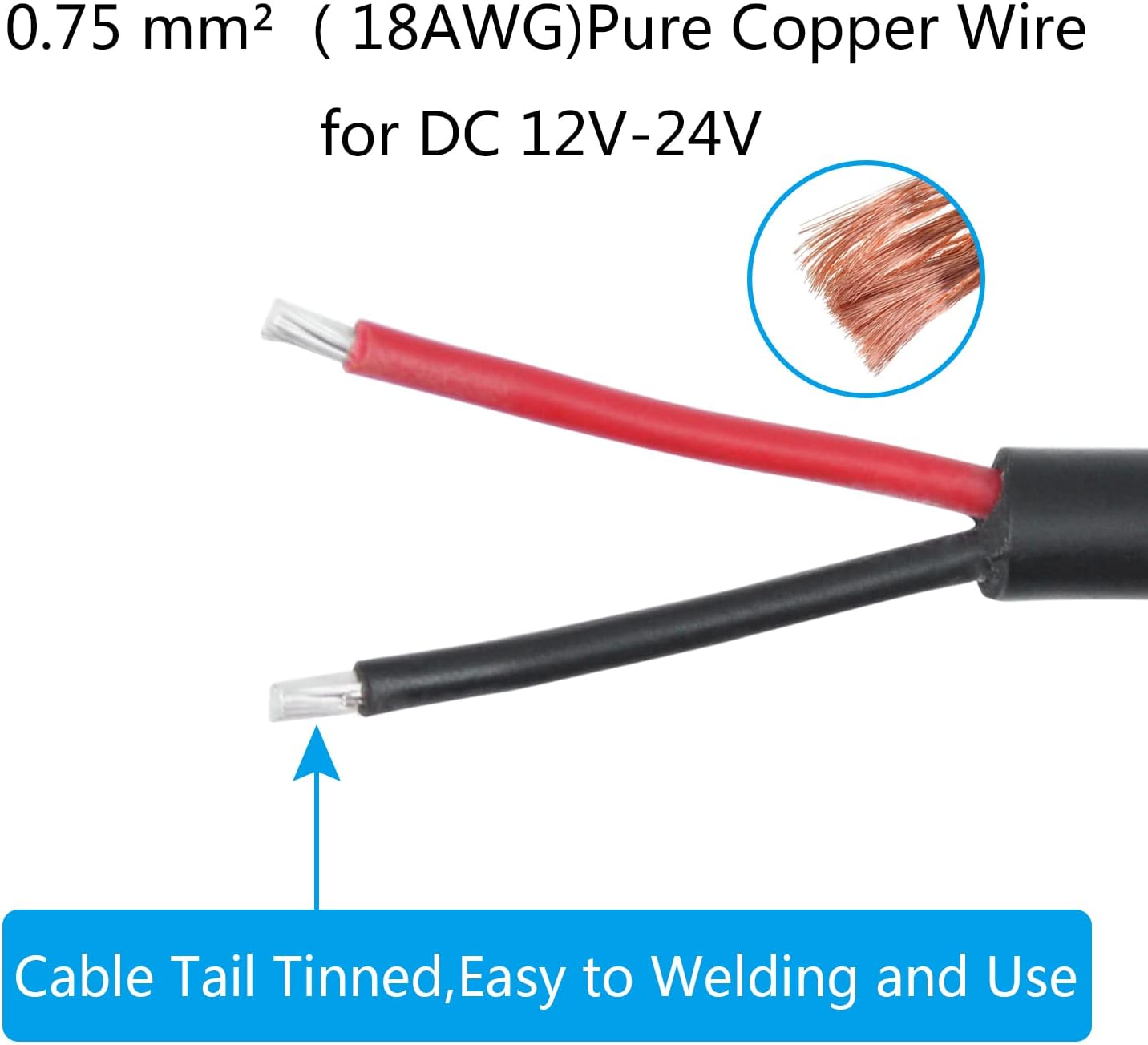 Maixbomr 12V Cable,1m/3.3ft 5.5mm 2.1mm Wire,18AWG 5521 Repair(2Pcs) DC Power Pigtails DC x Male Plug to Bare Wire Open