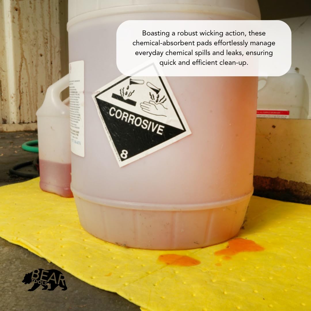 Chemical Absorbent Pads - Absorb Agressive Chemicals, Acids, Alkalis - Spill Control Sheets - 16" x 18", 100 Sheets, Sonic Bonded Core with Spun Bound Top Layer, Yellow - Indoor/Outdoor Use
