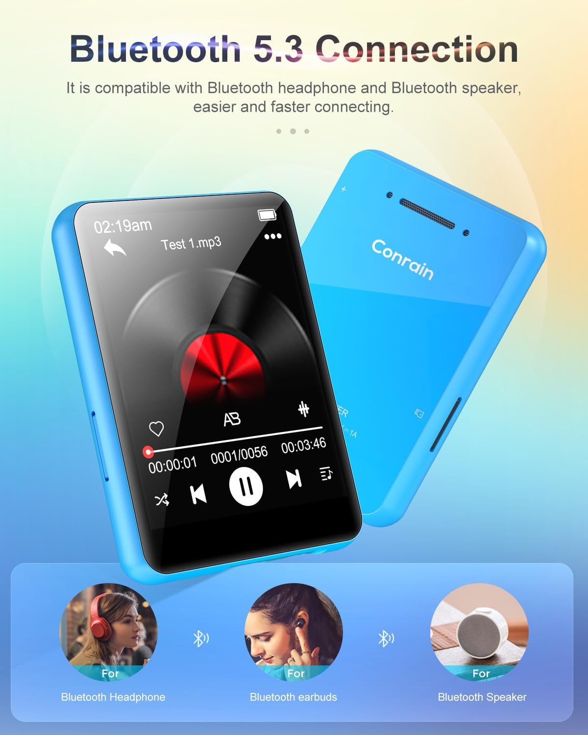 Conrain 64GB 2.4" MP3 5.3, 128GB Full Touch Screen Player with Bluetooth Portable HiFi Sound Quality Music Player
