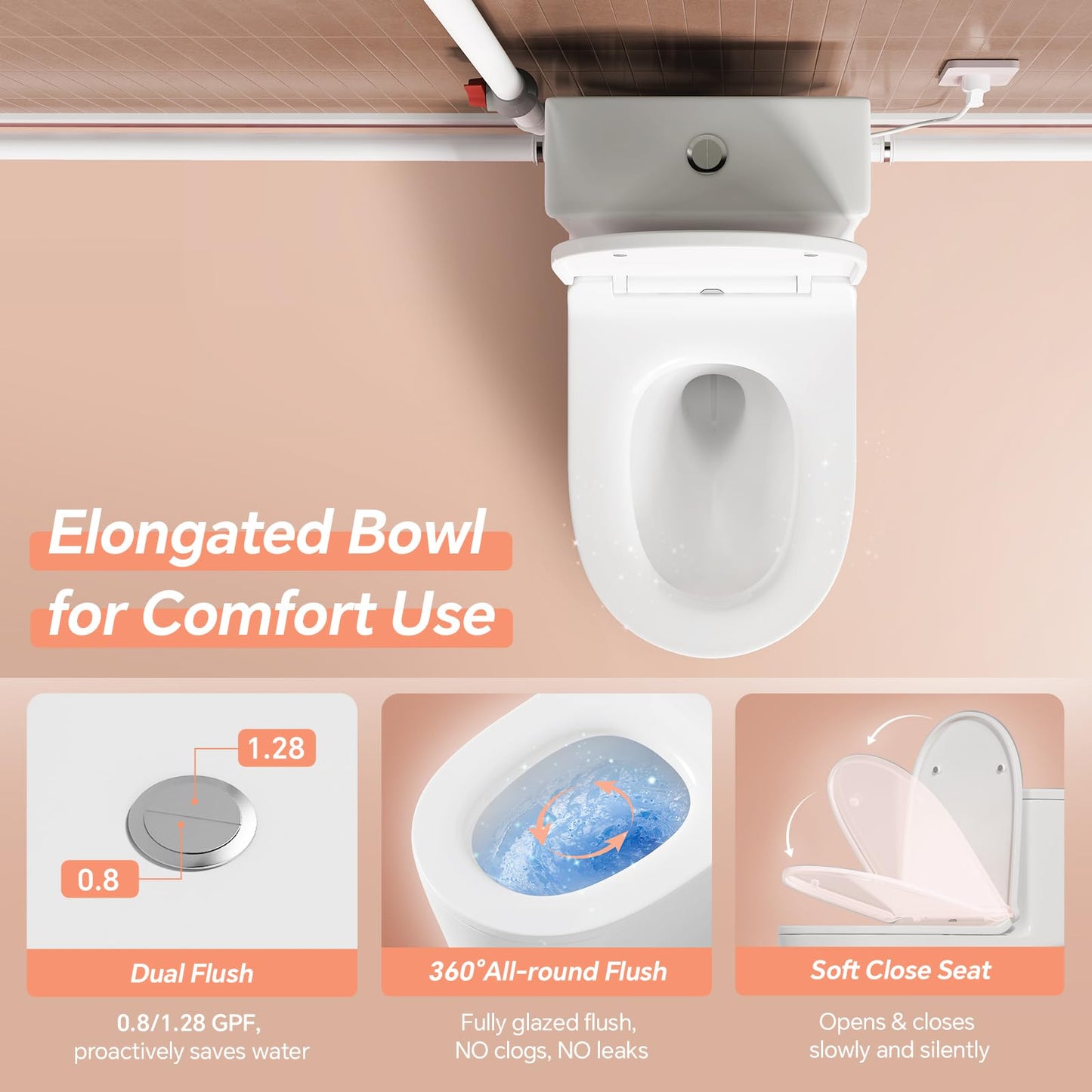 750W Macerating Toilet System, Upflush Toilet with Macerator Pump For Basement,Copper Motor Pump, Non-clog Stainless Grinder Housing, Quiet Operation, One Piece Full Skirt Toilet