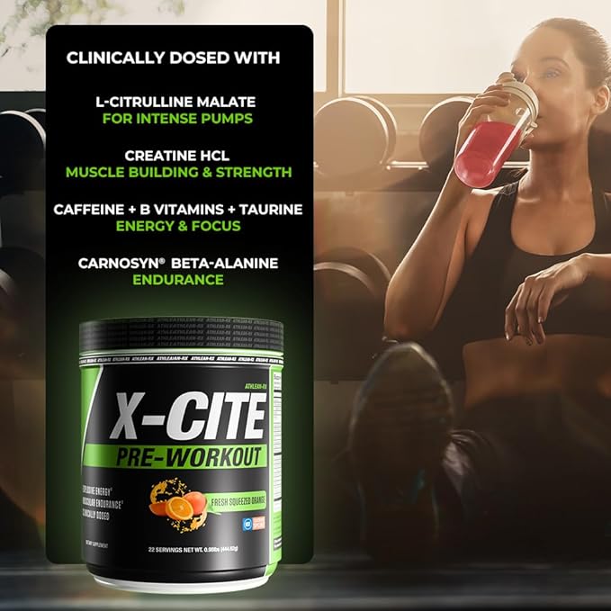 X-CITE Pre-Workout by ATHLEAN-X - Enhanced Formula with Beta-Alanine, Creatine & Caffeine for Energy, Endurance, Focus & Muscle Pump, NSF Certified for Sports (22 Servings, Fresh Squeezed Orange)