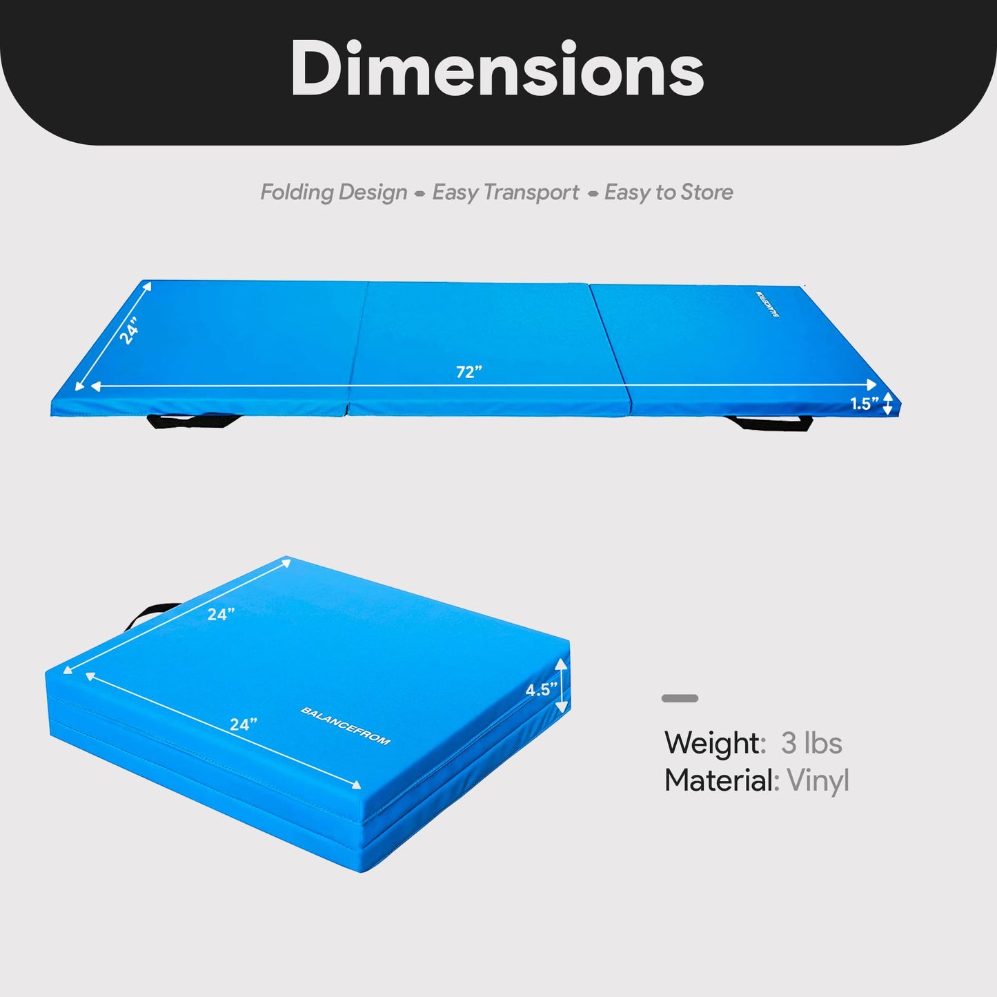 BalanceFrom 6x2 Feet 3-Panel Folding Gymnastics Mat – 1.5-Inch Thick Pad with Vinyl Surface and Carrying Handles for Tumbling, Yoga, Pilates, Home Workouts, and Martial Arts, Blue