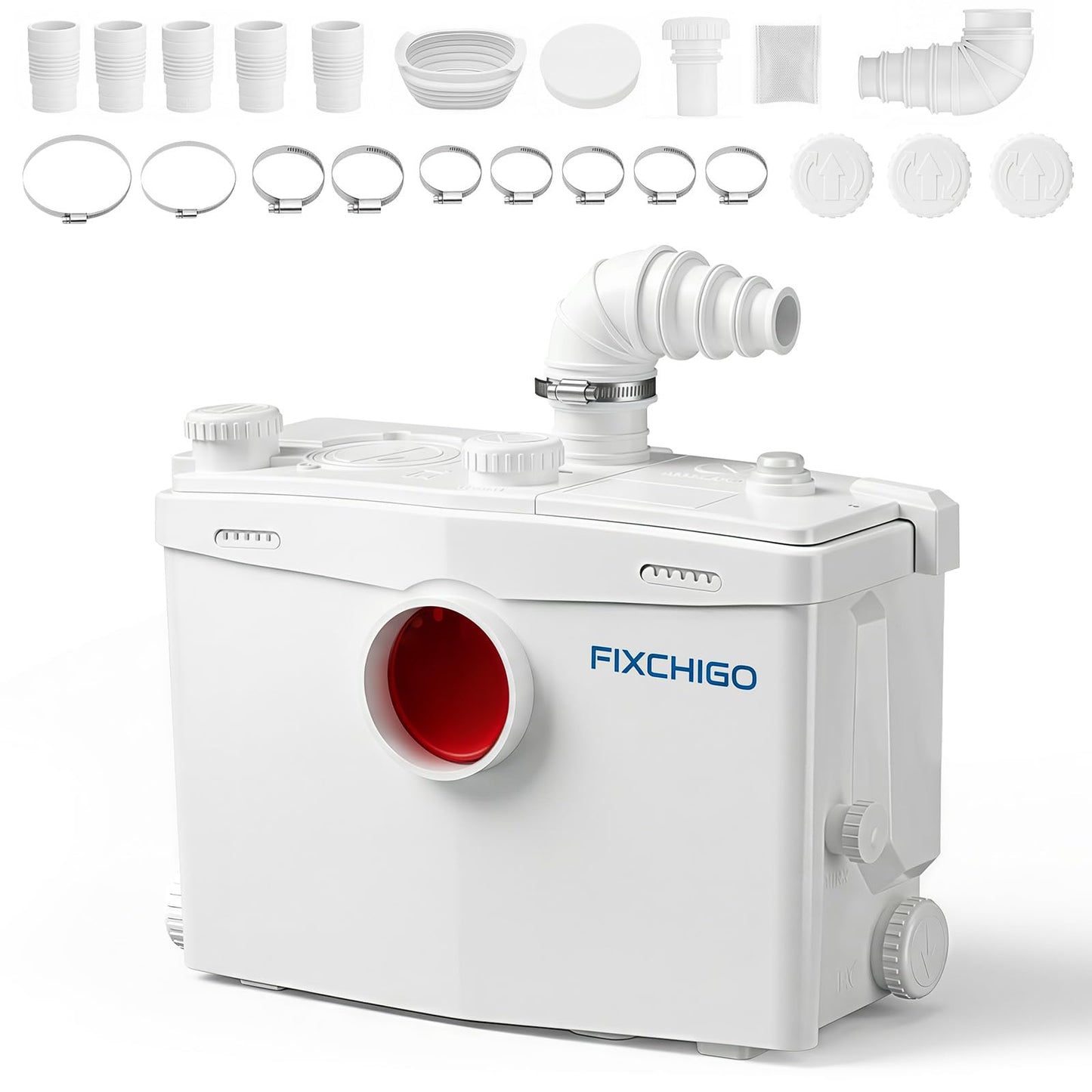 FIXCHIGO 1000W Macerator Pump, Macerating Toilet System with 4 Inlets/2 Outlets, 40 GPM Flow, 29.5 FT Head, PCB Smart Control Sewage Pump for Basement, Sink, Toilet, Laundry, Kitchen