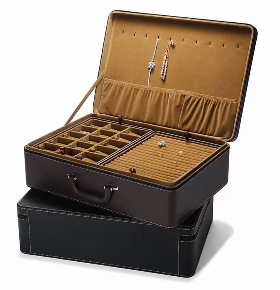 SANSREPONSE Jewelry Trays stacks Carriable with Handle Zipper Box Organizer Faux-Leather Accessory Case Storage(L6 Layers)