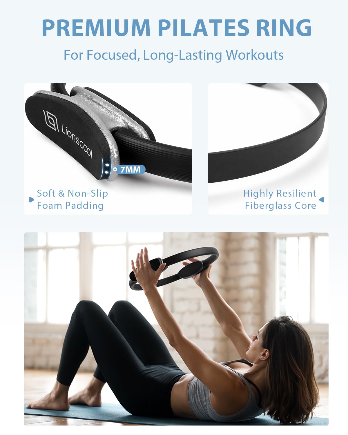 LIONSCOOL Pilates Ring Set (Black) - 14" Anti-Deformation Magic Circle with Padded Handles, 9" Mini Ball, Non-Slip Fabric Resistance Bands, Guide & Bag