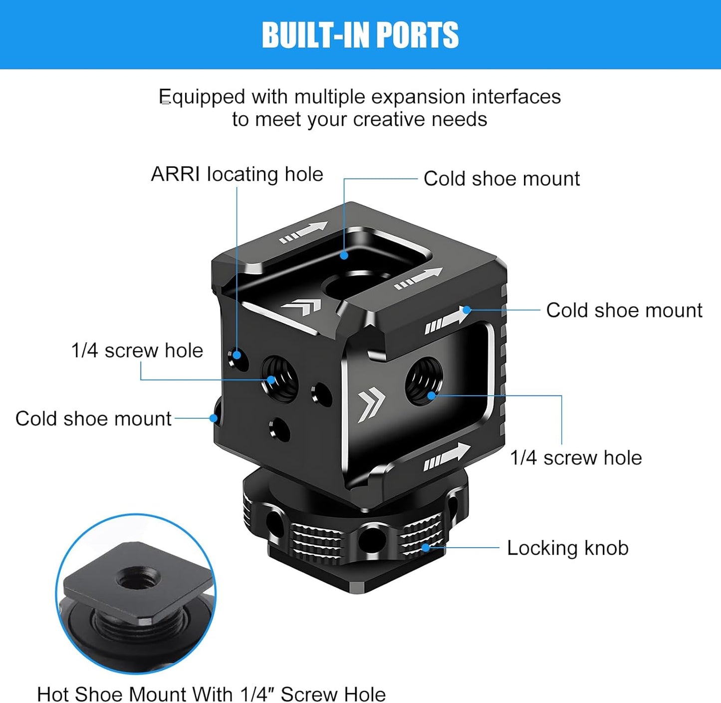 3 1/4"-20 Port Cold Shoe Mount Adapter with Thread for Camera Cage Flash LED Monitor Microphone, Aluminum Camera Triple