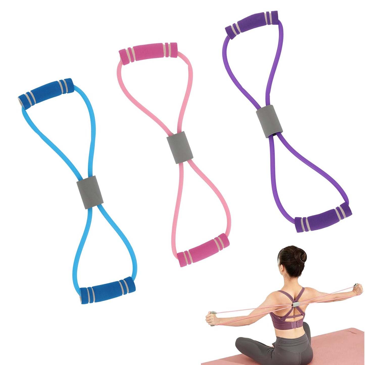 3 Pieces Figure 8 Resistance Band, Saludea Resistance Band with Handles Stretch Fitness Strap for Full-Body Exercise Strength Training Home, Gym (Pink + Purple + Blue)