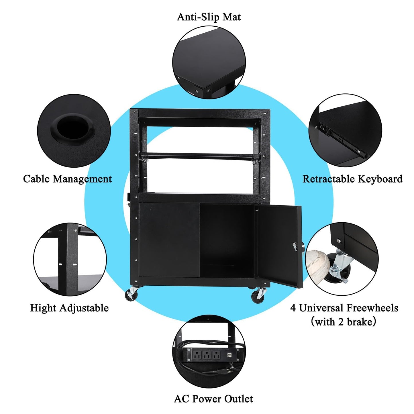 GAOMON Rolling AV Cart with Locking Cabinet, Laptop Stand, and Drop Leaves, Height Adjustable Mobile Utility Cart Workstation with Extra Storage Space, Power Strip