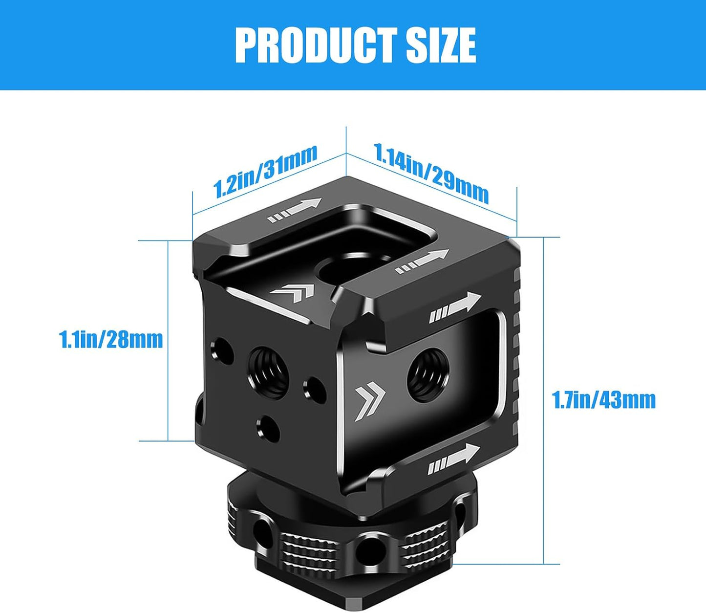 3 1/4"-20 Port Cold Shoe Mount Adapter with Thread for Camera Cage Flash LED Monitor Microphone, Aluminum Camera Triple