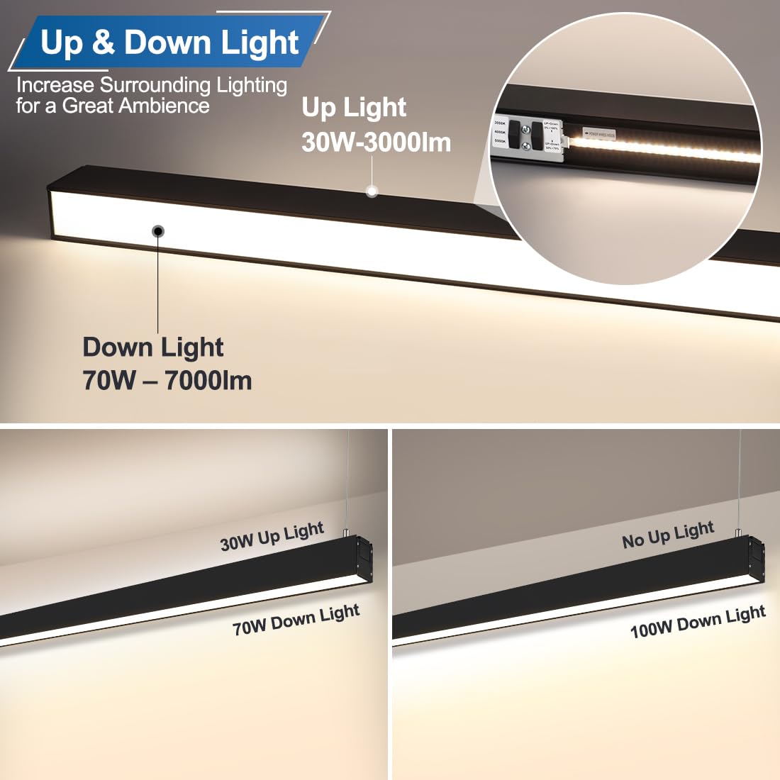 DAKASON 8FT LED Linear Light, 100W 8Foot LED Shop Light Fixture for Office, 70W Down Light and 30W Up Light Optional, 3/4/5000K CCT, 8Feet Black Commercial Pendant Strip Lighting 4 Pack