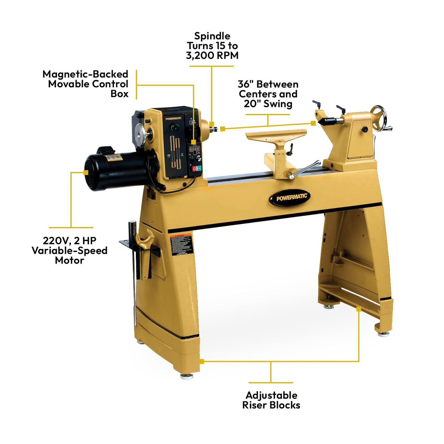 Powermatic 20" x 35" Variable Speed Woodworking Lathe, Reversible Wood Turning Machine, 2 HP, 220V 1Ph (3520C)