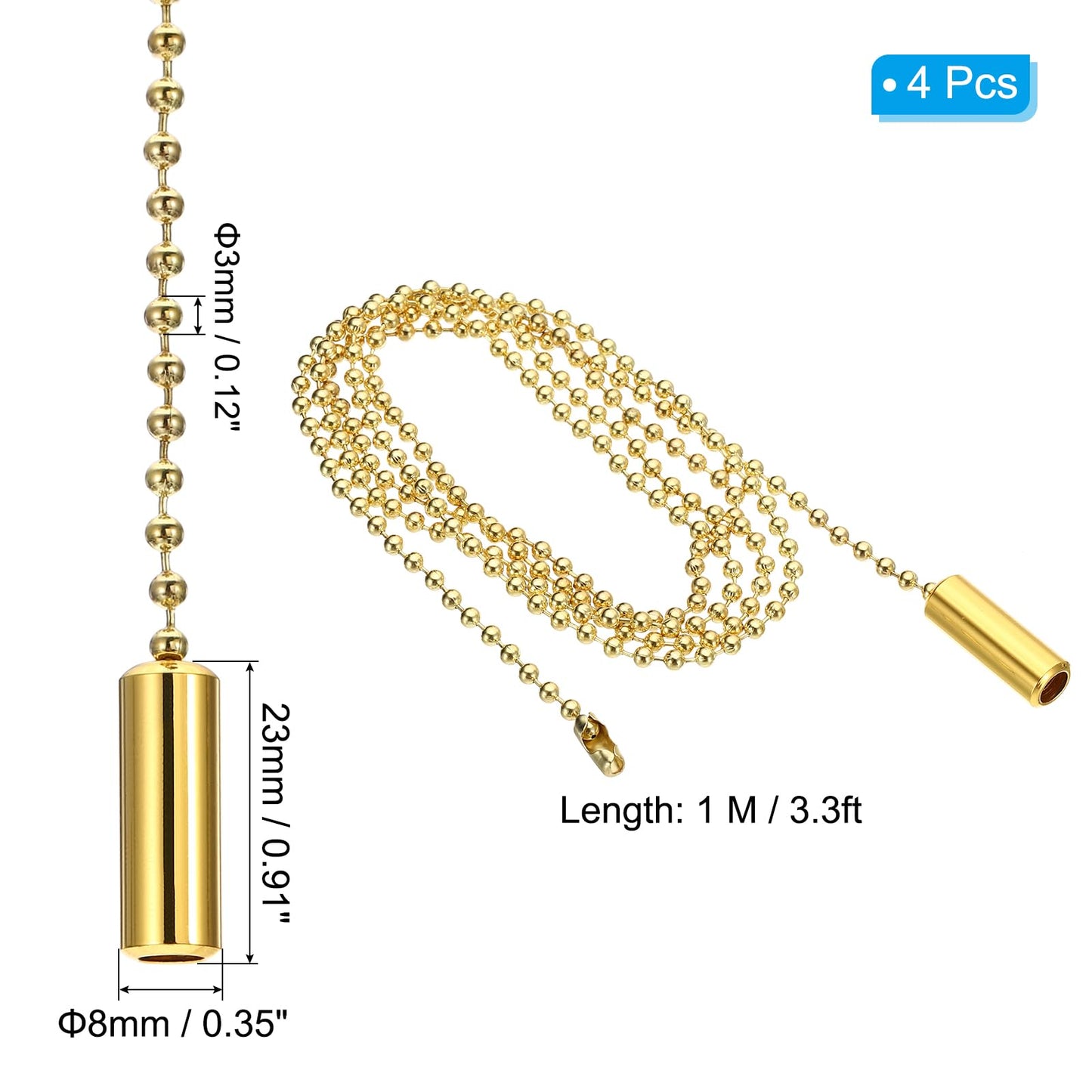 PATIKIL 1M 3.3ft Ceiling Fan Pull Chain, 4 Pcs Beaded Pulls Cord Extender Cylinder Pendant for Fan Light Chandelier Table Lamp Pulling Switch, Gold Tone