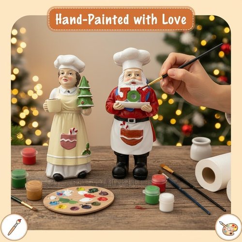 iStatue Chef Santa & Mrs. Claus Figurines Set - 5'' Hand-Painted Resin Holiday Decor for Kitchen & Gifting