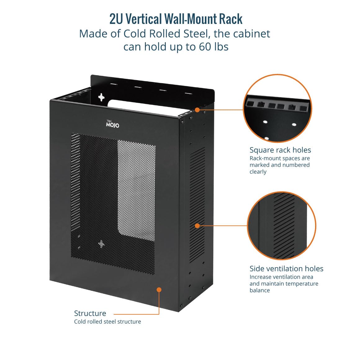 Tecmojo 2U Vertical/Horizontal Wall Mountable Server Rack, with Vented Enclosure for 19" IT Equipment, Cable Modems, Telecom, A/V, Black