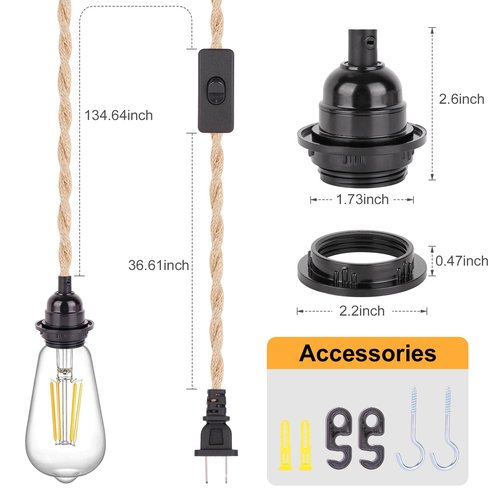 Industrial 15ft Pendant Light Cord - Hanging Light Kit with Switch Plug, Plug-in Pendant Light Cord Rope Pendant Lights Socket Set E26 E27 for Pendant Lamp Farmhouse Lamp Cable DIY Room Decor