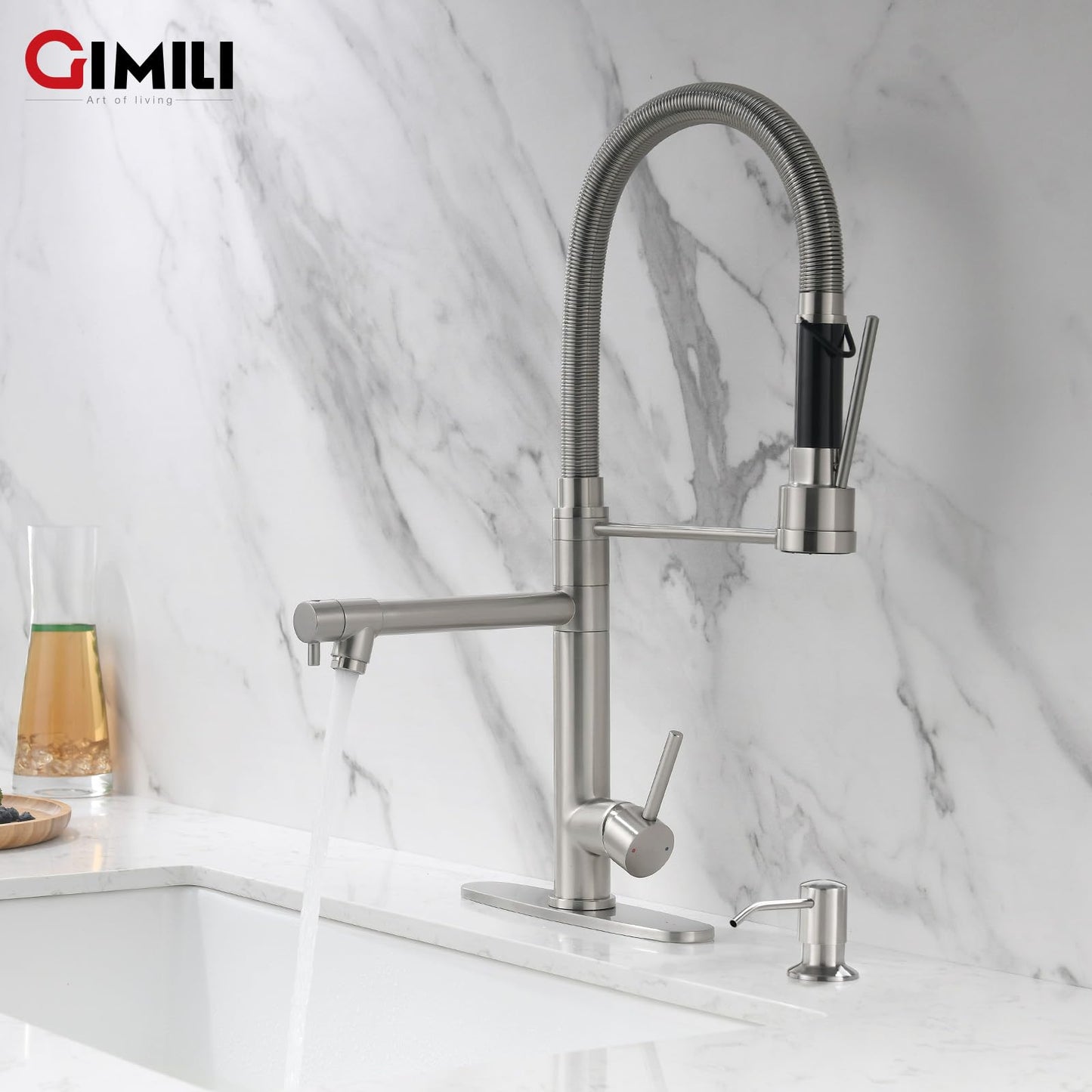 GIMILI Kitchen Faucet with Soap Dispenser Commercial Kitchen Faucet with Pull Down Sprayer Double-Headed Single Handle Spring Stainless Steel Brushed Nickel Kitchen Sink Faucet