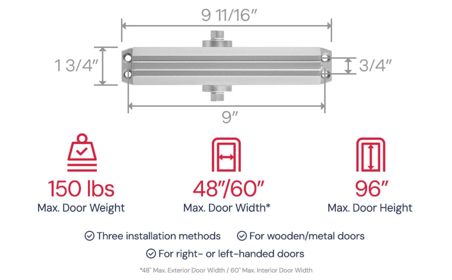 Lawrence Medium/Heavy Duty Door Closer Commercial Grade 1 - Surface-Mounted Commercial Automatic Door Closer with Adjustable 6-Speed Control and 3 Valves - Embassy Series LH5016