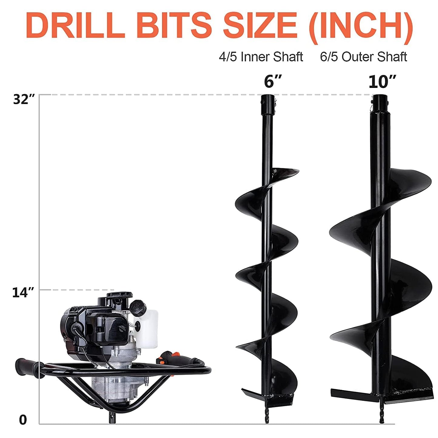 DC HOUSE 52cc 1800W Gas Powered Earth Auger EPA Certified Post Hole Digger, with 2 Drill Bits 6" 10", Mixing Ratio 30:1, for Fence, Farmland and Garden