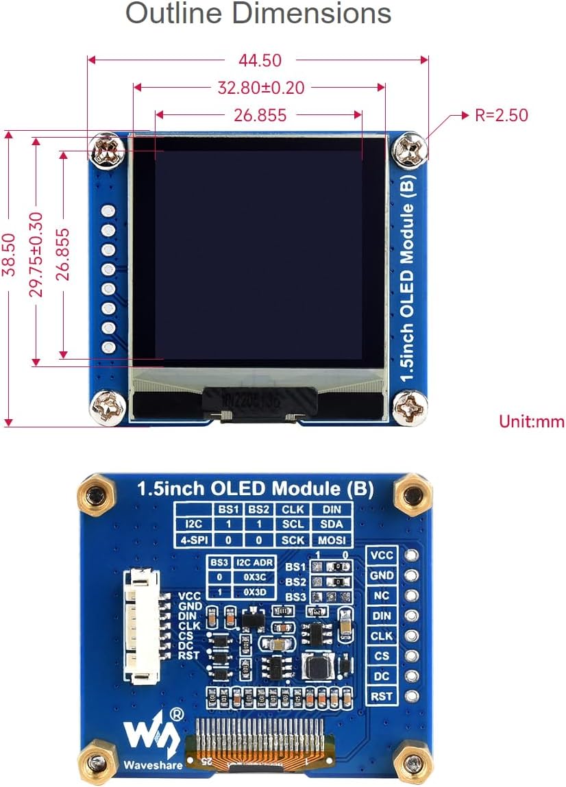 waveshare 1.5inch 128128 I2C STM32,SH1107 OLED Display Module Resolution OLED Screen for Raspberry Pi, Arduino, Driver