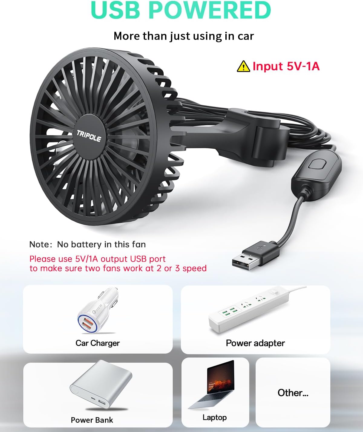 3 5V TriPole Car Fan for Rear Seat USB Powered Powerful Speed Fan with Adjustable Clip for Vehicles SUV RV