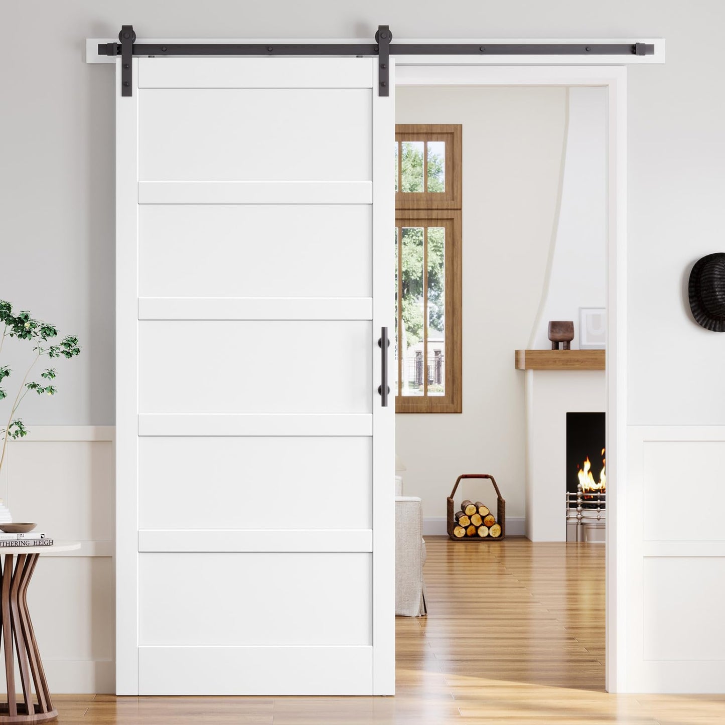 ROYMELO 42x96 Inch White Sliding Barn Door Slab with 7ft Hardware Kit Included, 5-Panel, MDF Wood Panel Covered with Water-Proof Scratch-Proof PVC Surface, Simple DIY Assembly