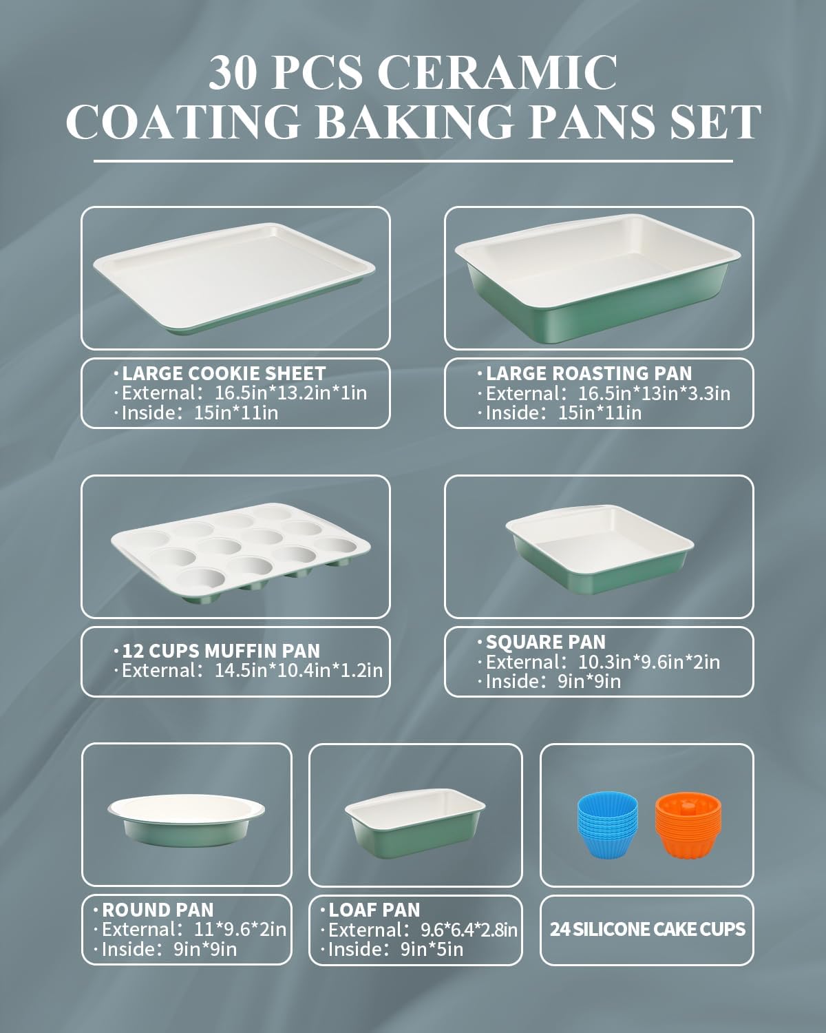 Skiennix Ceramic Nonstick Baking Pans Set - 30 PCS Stackable Bakeware, 550°F Oven Safe, Green