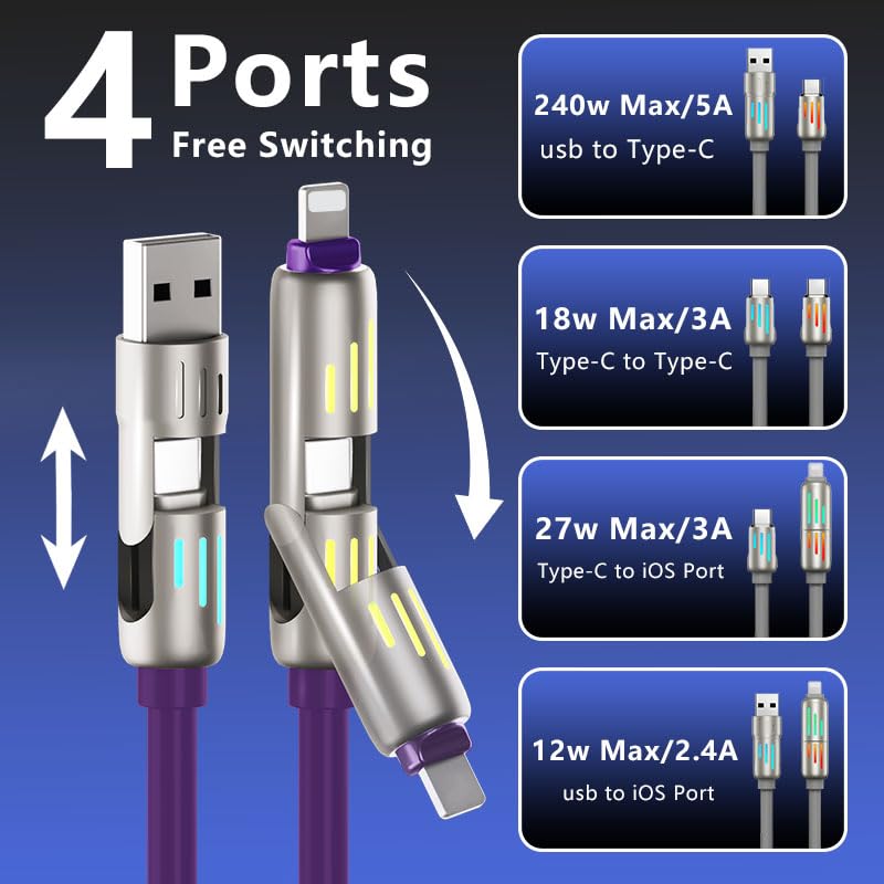 LWW 240W 4-in-1 5A 4FT USB C Multi Charger Cable with LED Indicator, PD Fast Charging & Data Sync, Silicone, Compatible
