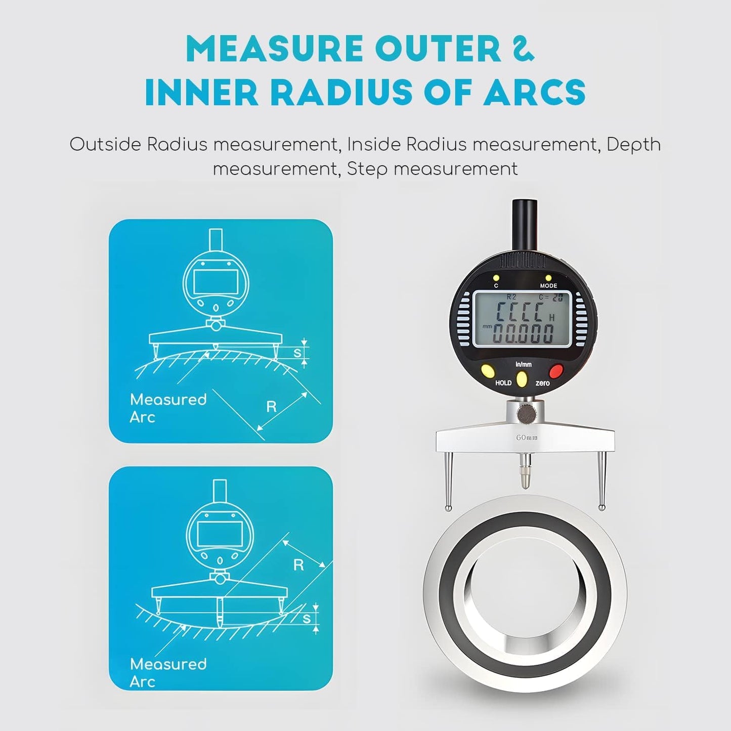 AICEYI Digital Inner and Outer Radius Measuring Instrument with 10mm/20mm/30mm/60mm/100mm Replaceable Measuring Claws,Black Radius Range: 5-700mm (0.2-27.5in”), Linear Range: 0-12.7mm (0-0.5in”)
