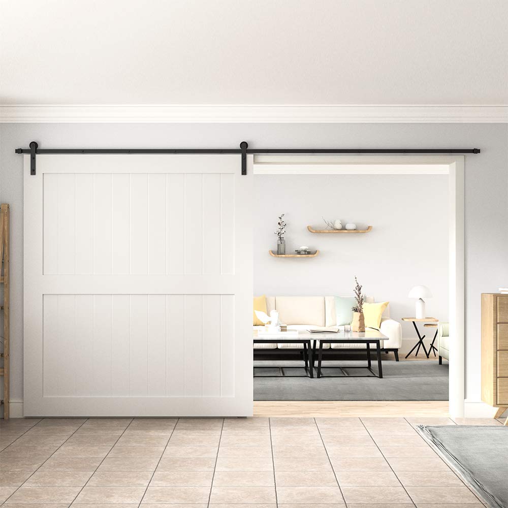 WINSOON 12FT Barn Door Hardware Kit: Single Sliding Door Hardware - Heavy Duty Black Barn Door Track Kit - Carbon Steel Sliding Barn Door Rail - J-Shape Easy to Install for 77" Closet Panel(No Door)