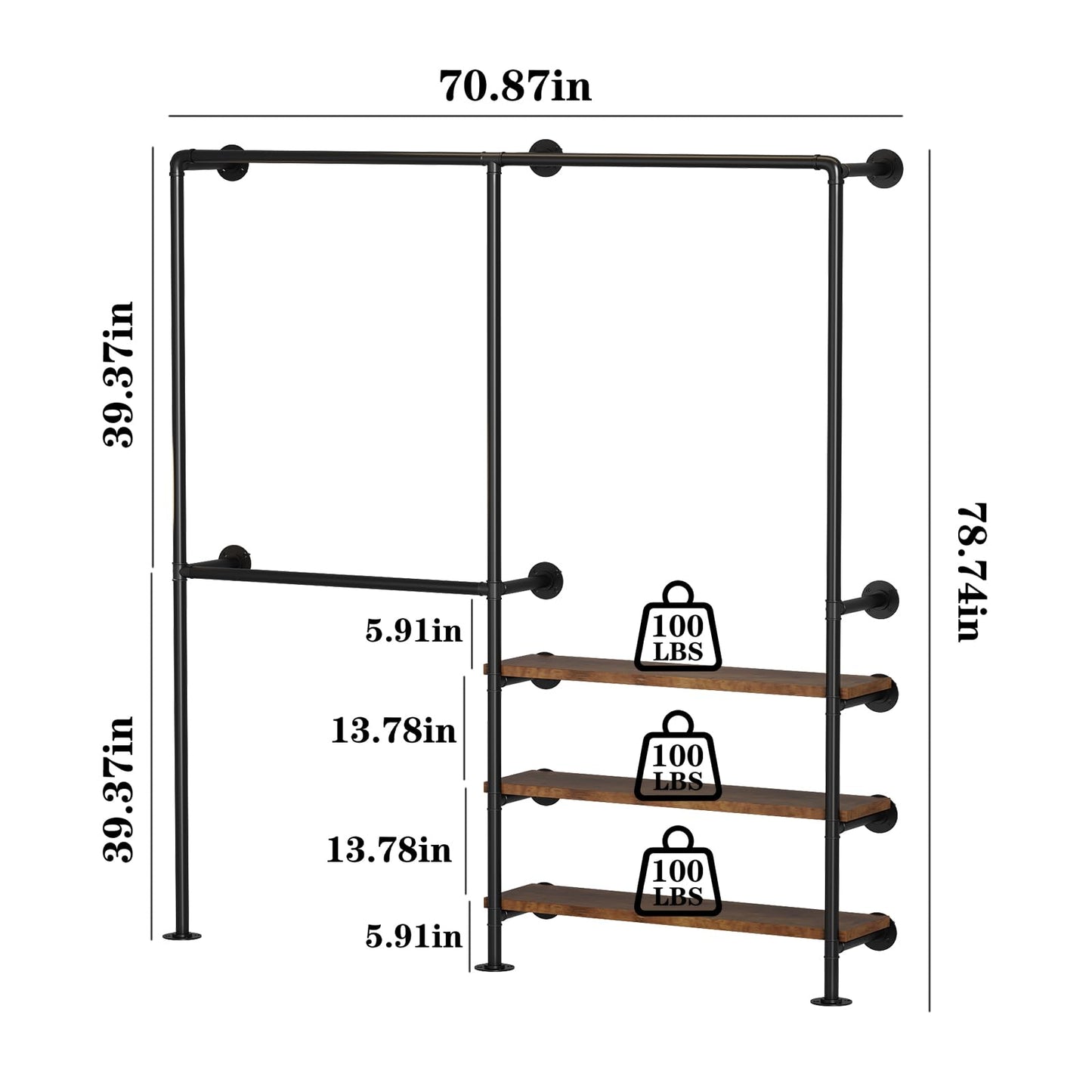 KAILNKISS Industrial Pipe Clothes Rack, Wall Mounted Clothing Rack with Shelves, Heavy Duty Closet Organizers Wardrobe Multi-Purpose Storage Clothes Hanging Shelf-70.8''L Black