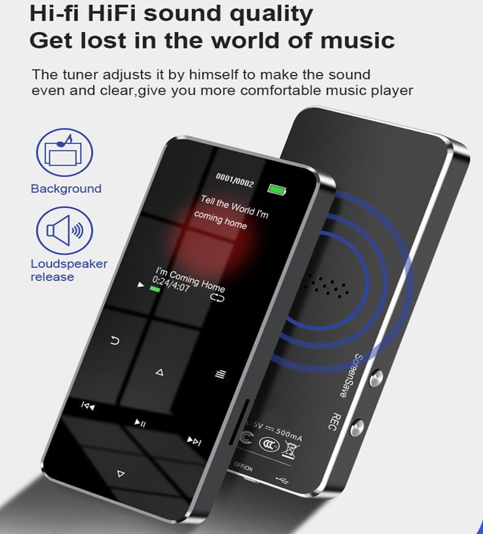 RIJAHO 64GB MP3 5.0 2.0 inch Player with Bluetooth Screen Touch Button Portable Hi-Fi Lossless Music Player Speaker