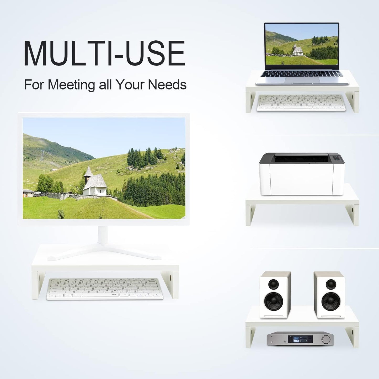 14.2 inch (White-14.2 inch) TEAMIX White Monitor Stand Riser, Wood Monitor Riser with Storage for Desk Small Monitor