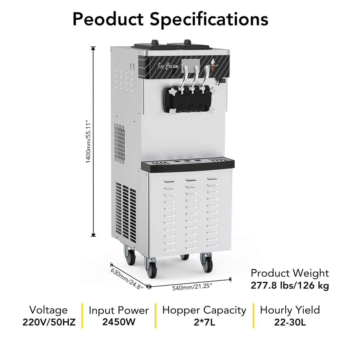 MilleLoom 2450W Commercial Soft Ice Cream Machine 3 Flavors 5.8 to 8.2 Gallon Per Hour PreCooling At Night Auto Clean LCDPanel for Restaurants Snack Bar, Sliver