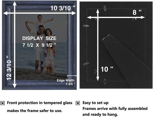 LaVie Home 8x10 Rustic Picture Frame - Tempered Glass for Wall Mount & Table Top Display - Blue