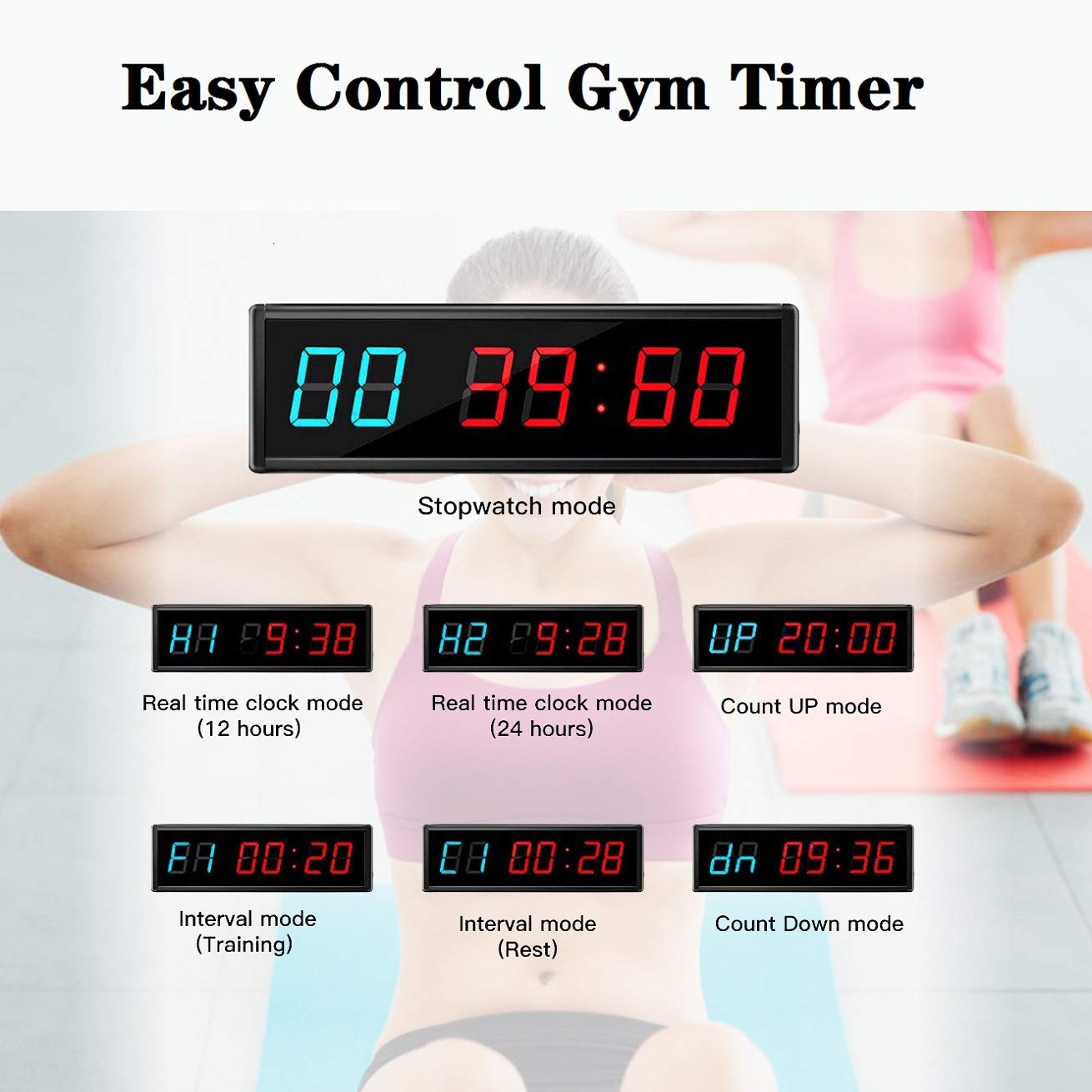 Ledbrigym Gym Timer Clock Digital Interval Tabata Workouts Fitness Wall Small with Remote Home Garage Office Jujitsu School Referee Studio Church Service (Two Blue+Four Red 1.5")