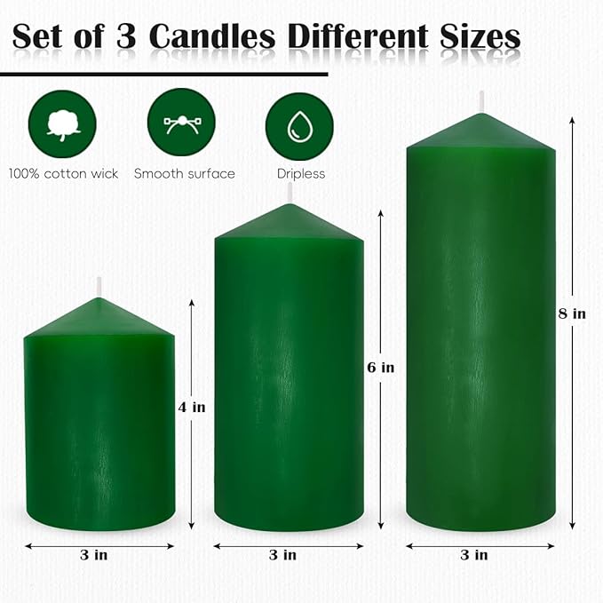 Set of 3 Different Size Green Pillar Candles, Unscented Dripless Large 3x4 3x6 3x8 Inch Long Lasting Cylinder Column Wax Candles for St. Patrick's Day Home Table Decor Power Outage Emergency
