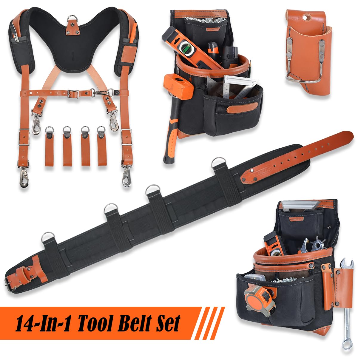 WELKINLAND Top-Grain Leather Tool Belt With Suspenders, Heavy-Duty Leather Tool Belts With Suspender, 22-Pocket Carpenter Pouches For Construction, Comfy Roofing Tool Belt, Framers Tool Belts