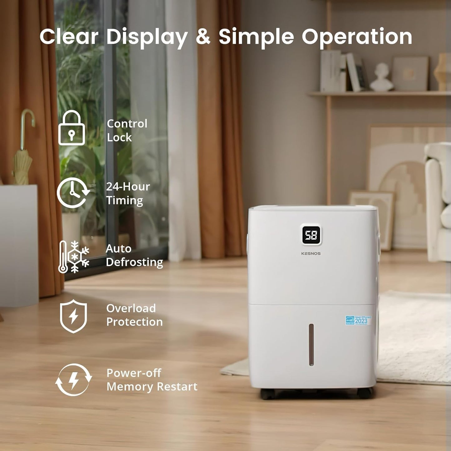 Kesnos 80 Pints Energy Star Dehumidifier for Home, Basement with Drain Hose, Front LED Display and 1.06 Gal Water Tank, Ideal for Large Room up to 5,500 Sq. Ft., Featuring Auto Defrost, Timer Function