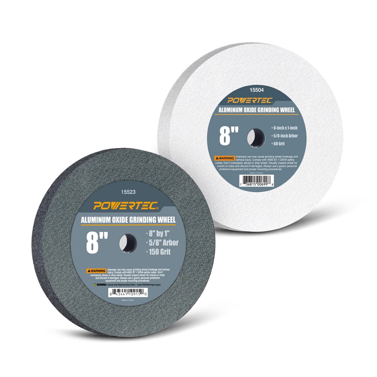 POWERTEC Bench Grinder Wheel 8 Inch 60 & 150 Grit, White Aluminum Oxide Grinding Wheel for Bench and Pedestal Grinder, 1" Thick 5/8" Arbor, Sharpening & Shaping Drill Bits, Blade, Chisel, 2PK (15528)