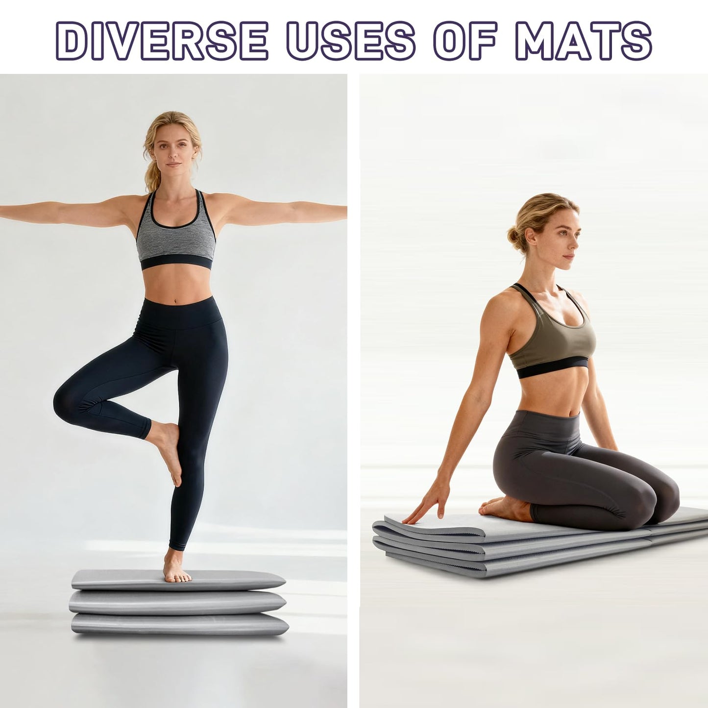 Kanonmaori Foldable Yoga Mat for Travel 72"x 32"x 0.32"Inch, 8mm Thick Folding Exercise Mat, Outdoor Non-slip Pilates Mat for Women & Men, Wide Yoga Mat Packable for Workout and Fitness（grey）