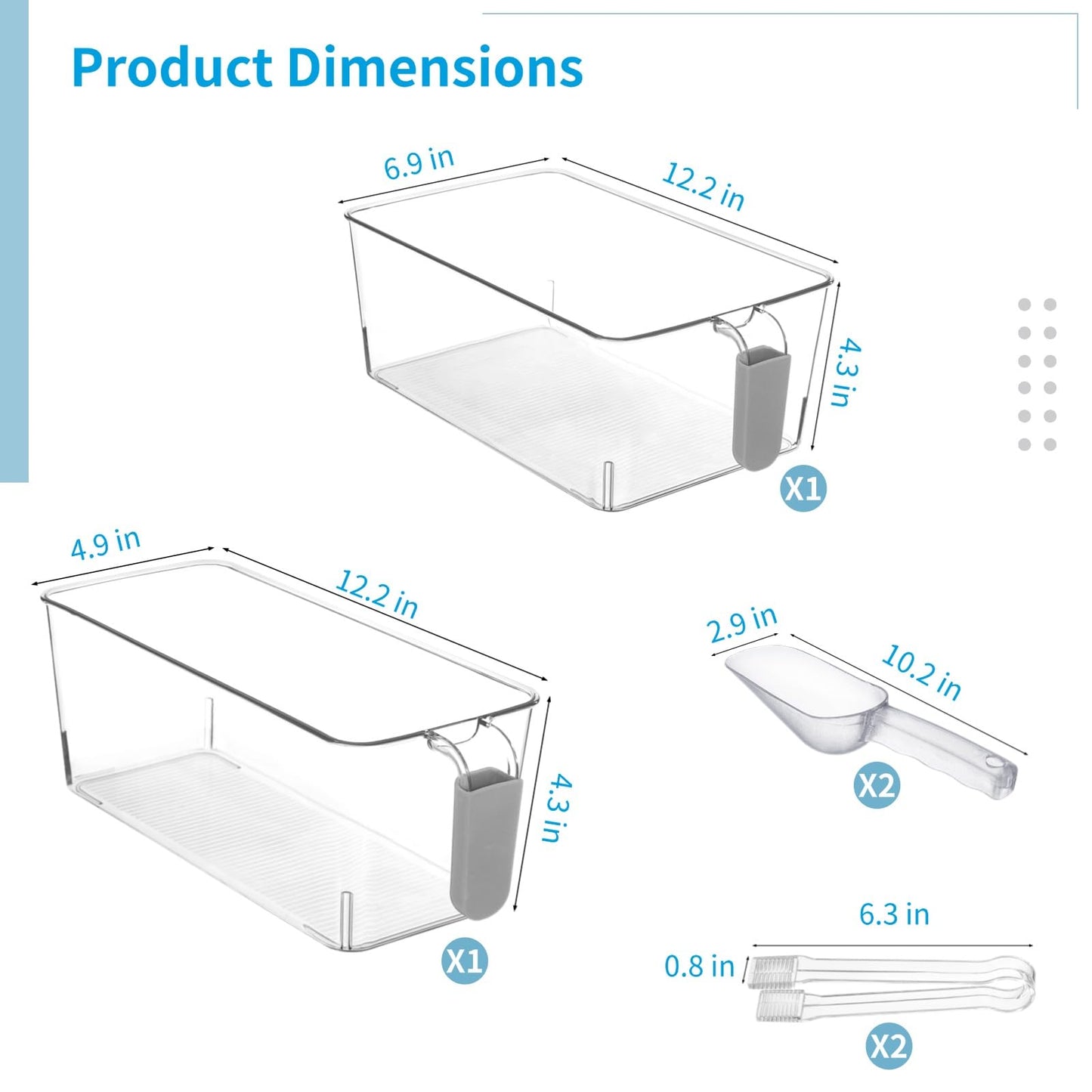 2 PCS Ice Bin with Scoop and Tong, Ice Bucket with Pull-out Handle for Freezer, 2 Sizes Clear Plastic Ice Container for DIY Drink Summer Party, 12.2 x 6.9 x 4.3 in, 12.2 x 4.9 x 4.3 in, Gray Handle