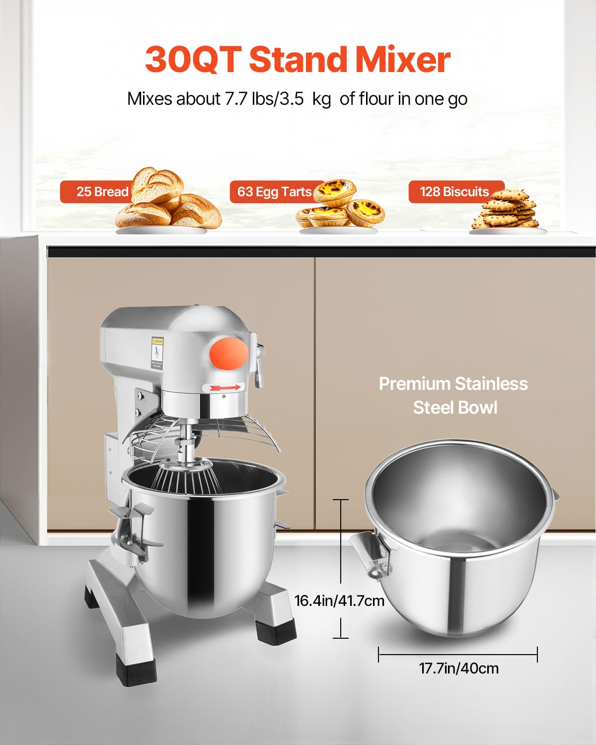 Happybuy 30Qt Commercial Food Mixer with Timing Function， Commercial Mixer 1250W Stainless Steel Bowl Heavy Duty Electric Food Mixer Commercial with 3 Speeds Adjustable, Perfect for Bakery Pizzeria