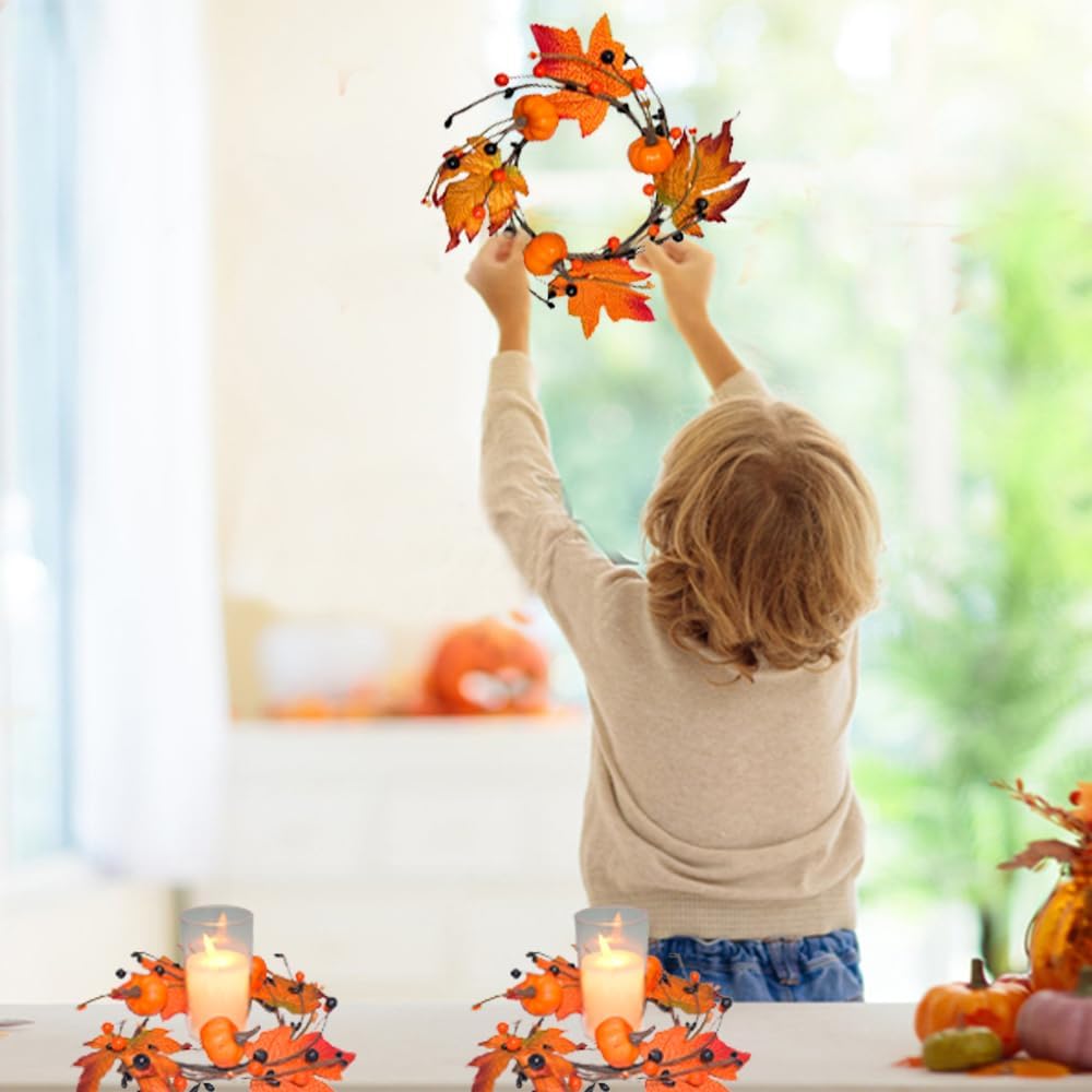 Skiennix 3-Piece Fall Candle Rings - Autumn Maple Leaves & Pumpkins | Perfect for Halloween & Thanksgiving Decor