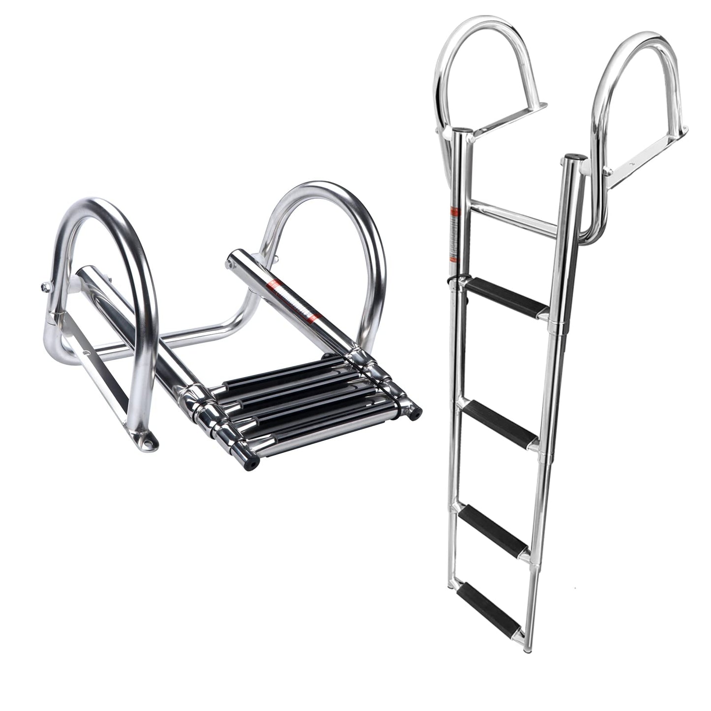 Hoffen 4 Step Pontoon Boat Ladder, Stainless Steel Telescoping Folding Boat Ladder Rear Entry Heavy Duty Custom Inboard with Pedal and Safe Handrails