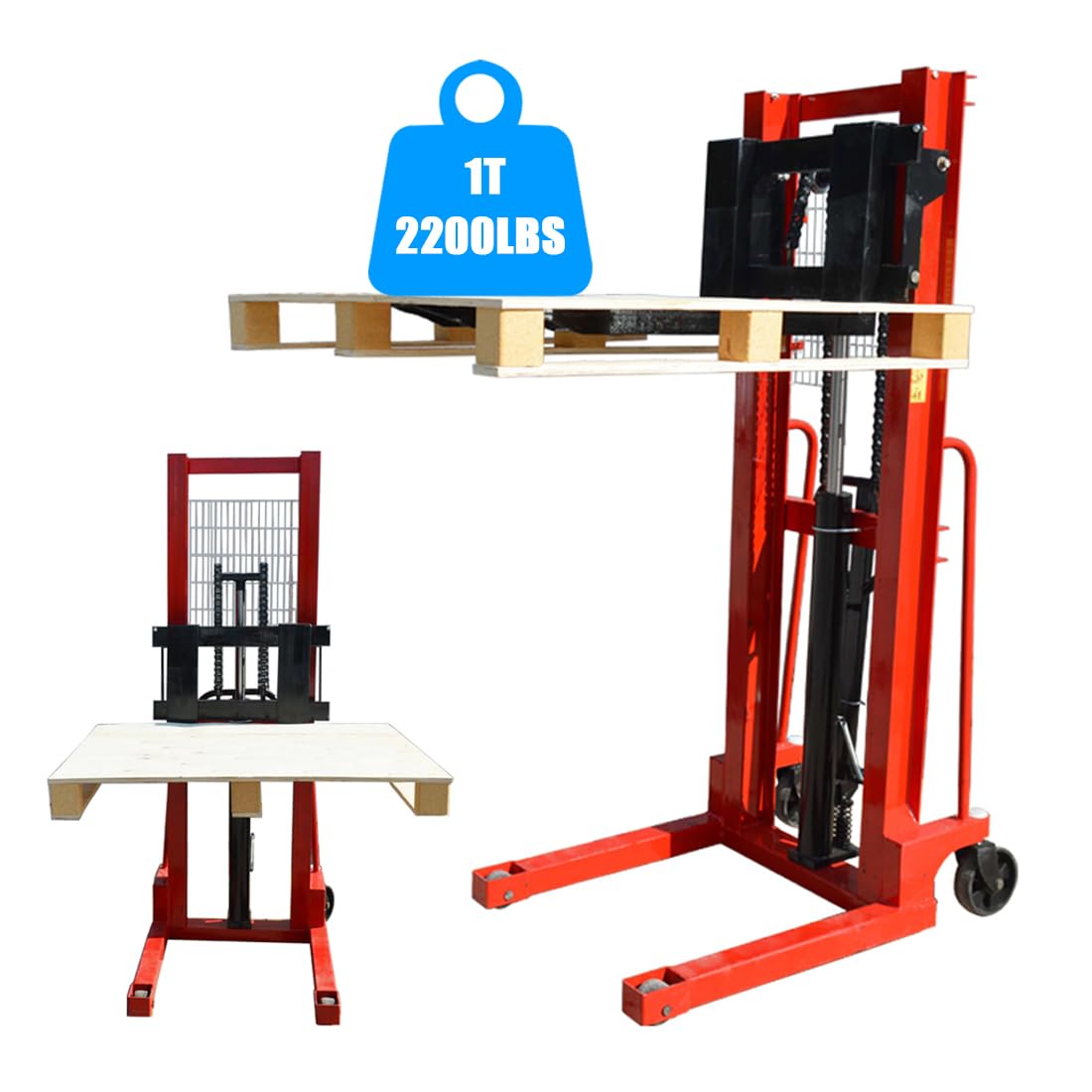 EQCOTWEA Manual Hydraulic Pallet Stacker 2200 LBS Load Pallet Truck Stacker 64" Lift Height Adjustable Forks Manual Stacking Winch Truck Used for Single Sided Pallets, for Warehouse Material Lifting