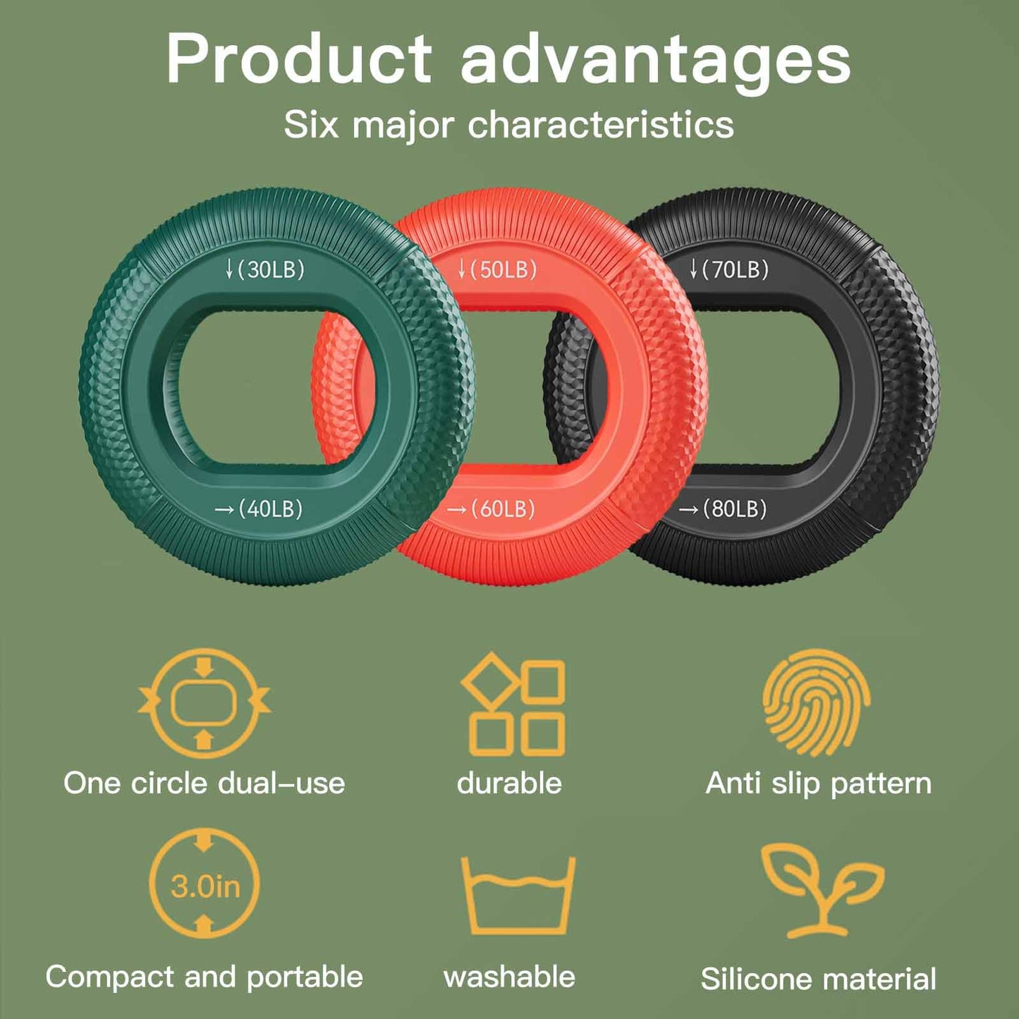 Grip Strength Trainer (30-80lbs) - 6 Resistance Levels, 3PCS Silicone Hand Grip Strengthener Rings for Rock Climbing, Athletes, Finger Workout & Stress Relief - Double Force Design (3 colors)
