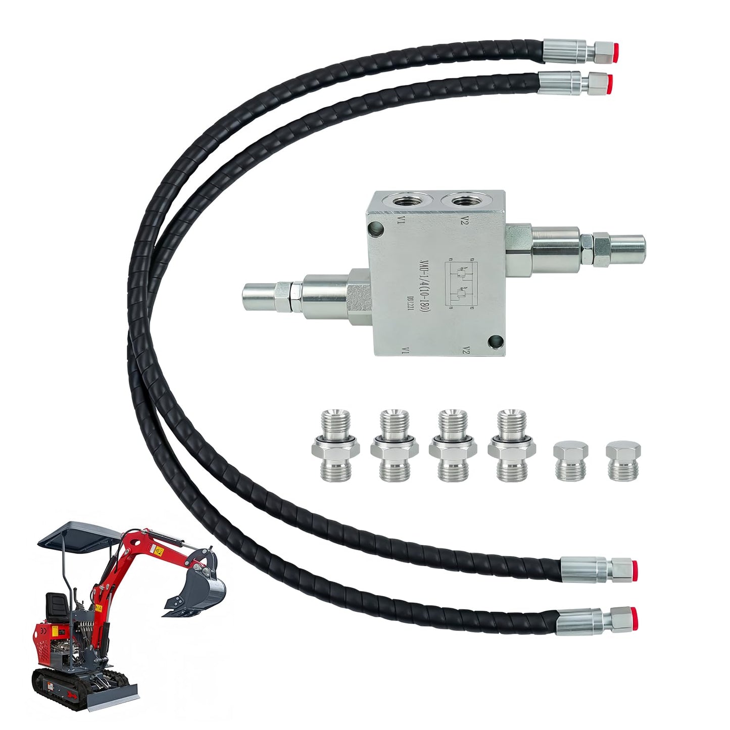 Mini Excavator Cushion Valve Kit, Hydraulic Swivel Motor Buffer Valves, 1/4" Hose System, M14 Replacement, Shock Absorb & Smooth Rotation, Durable Corrosion-Resistant Build, Easy Bolt-On Installation