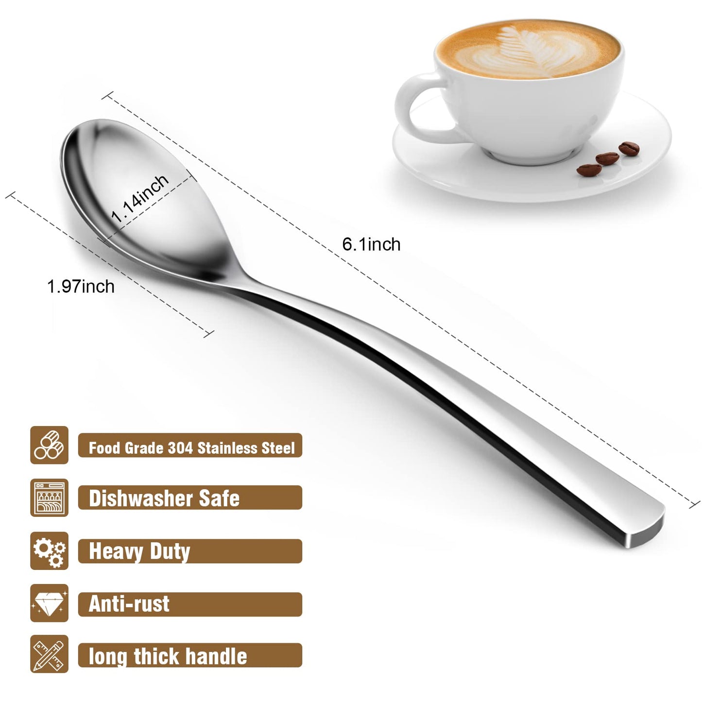 GLAMFIELDS 8-Piece Teaspoons, 6.15" Long Handle Demitasse Espresso Spoons Set, Stainless Steel Small Serving Spoons for Dessert